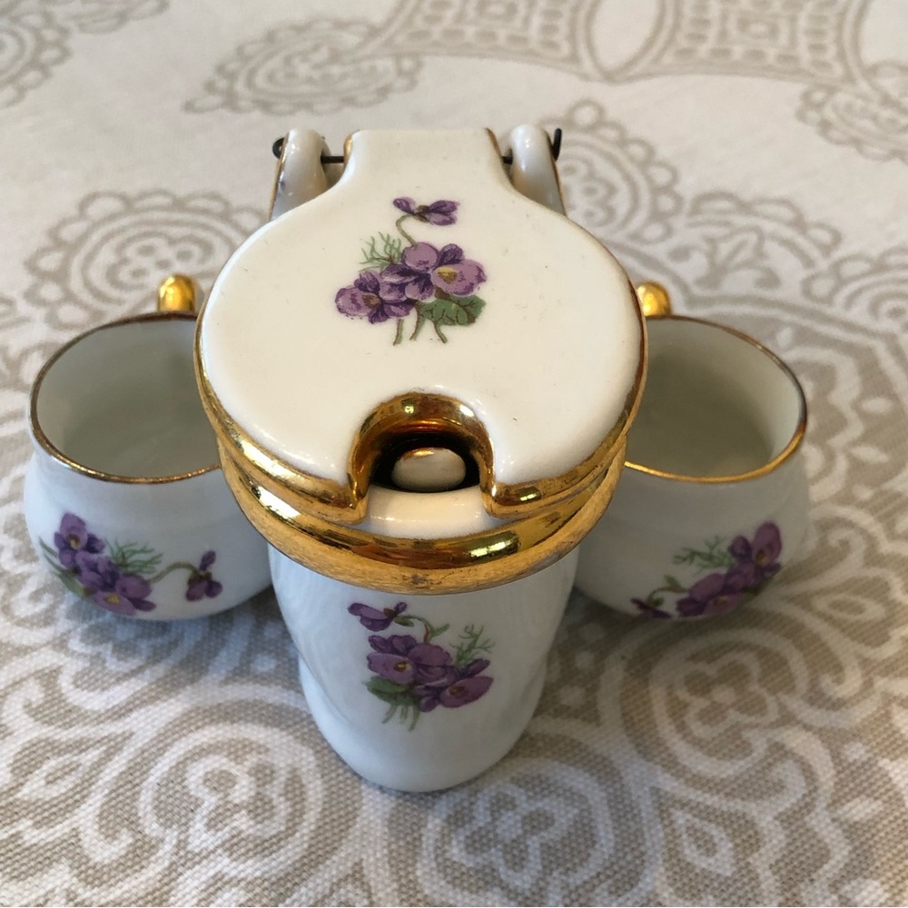 VTG RARE PARIS Porcelain Toilet shaped Mustard Pot With Salt & Pepper Cellars